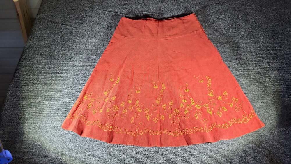 Boho Cottagecore Rust Orange Corduroy Embroidered Beaded A-Line Skirt Size L